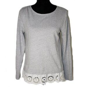Loft Gray Long Sleeve Lace Hem Top Size Small
